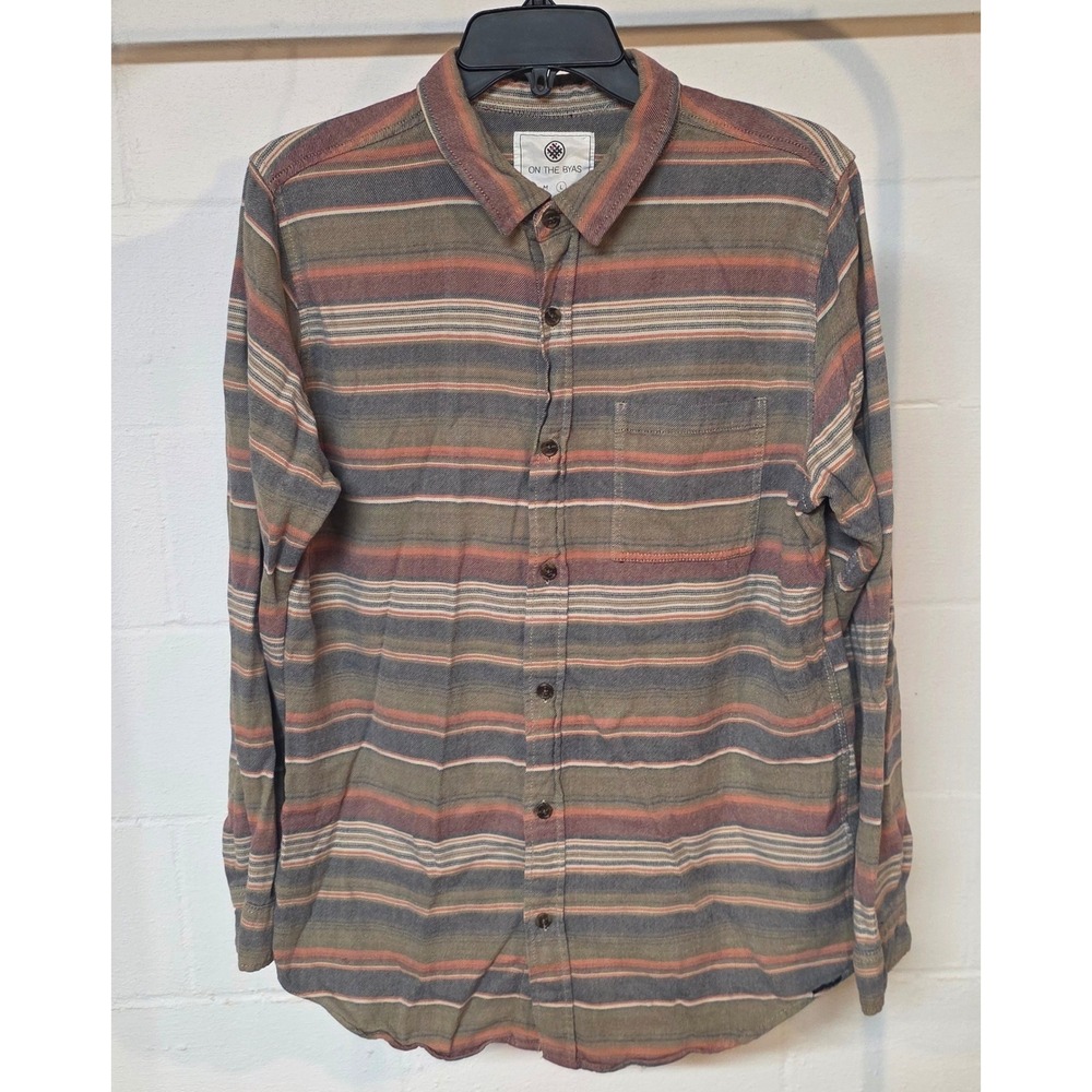 On The Byas Mens Large Soft Shirt Striped 100% Cotton Button Down Earthy Fall